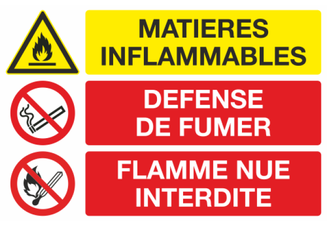 Panneau Matières inflammables défense de fumer flamme nue interdite